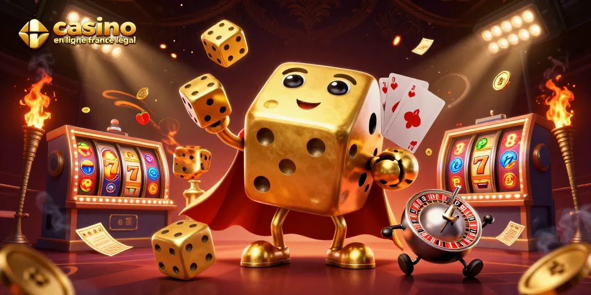 Expérience visuelle captivante sur casino en ligne France légal, illustrant des éléments de machines à sous et des dés dorés animés.