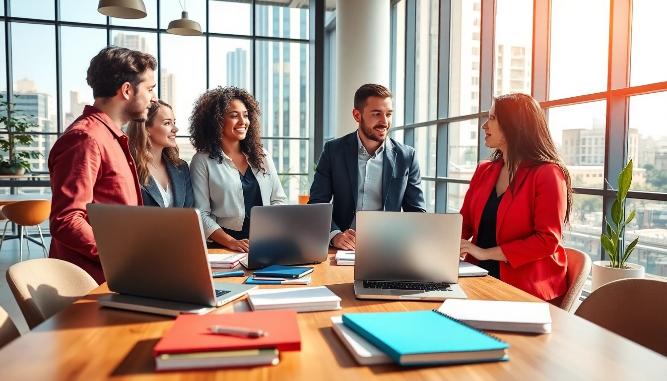 Post sales jobs online portrayed through professionals collaborating in a lively co-working space.