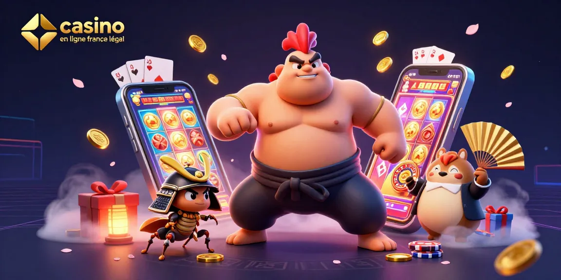 Illustration dynamique de casino en ligne France légal avec un sumo, un criquet samouraï, et un tanuki dans un univers riche et coloré.