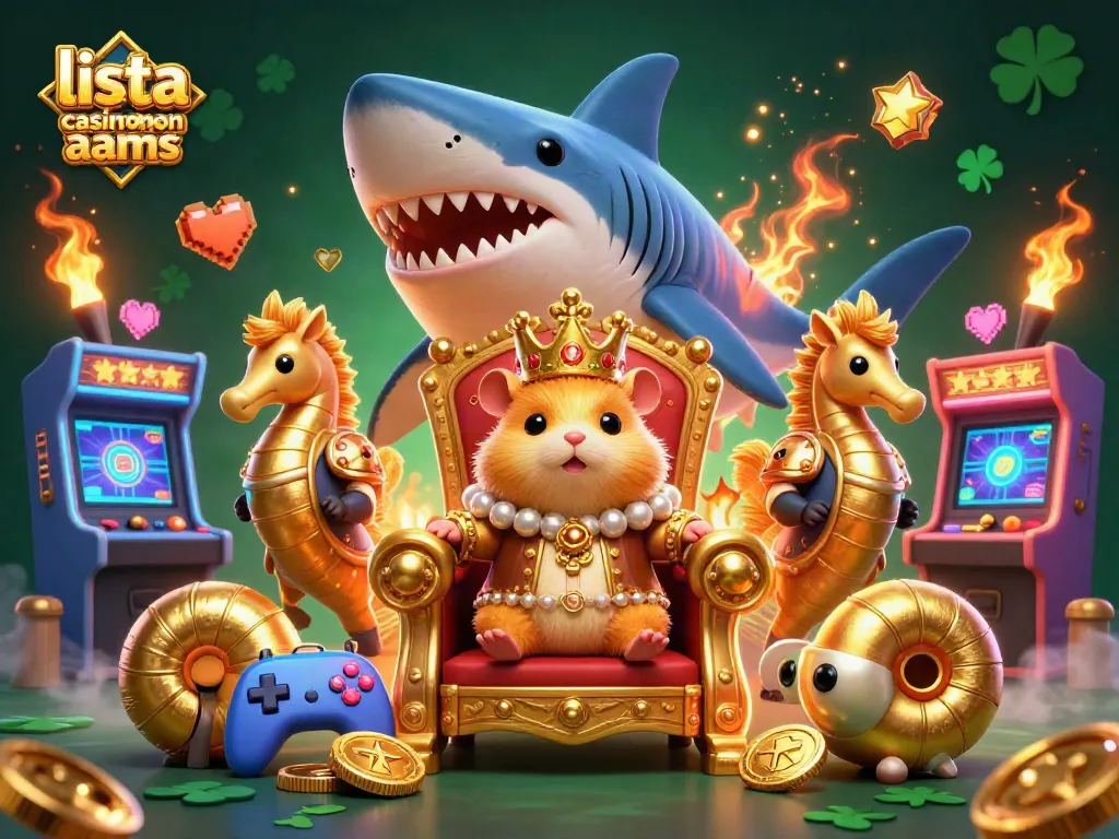 Visualizza la lista casino non AAMS con un re criceto d'oro su un trono di denti di squalo megalodonte.