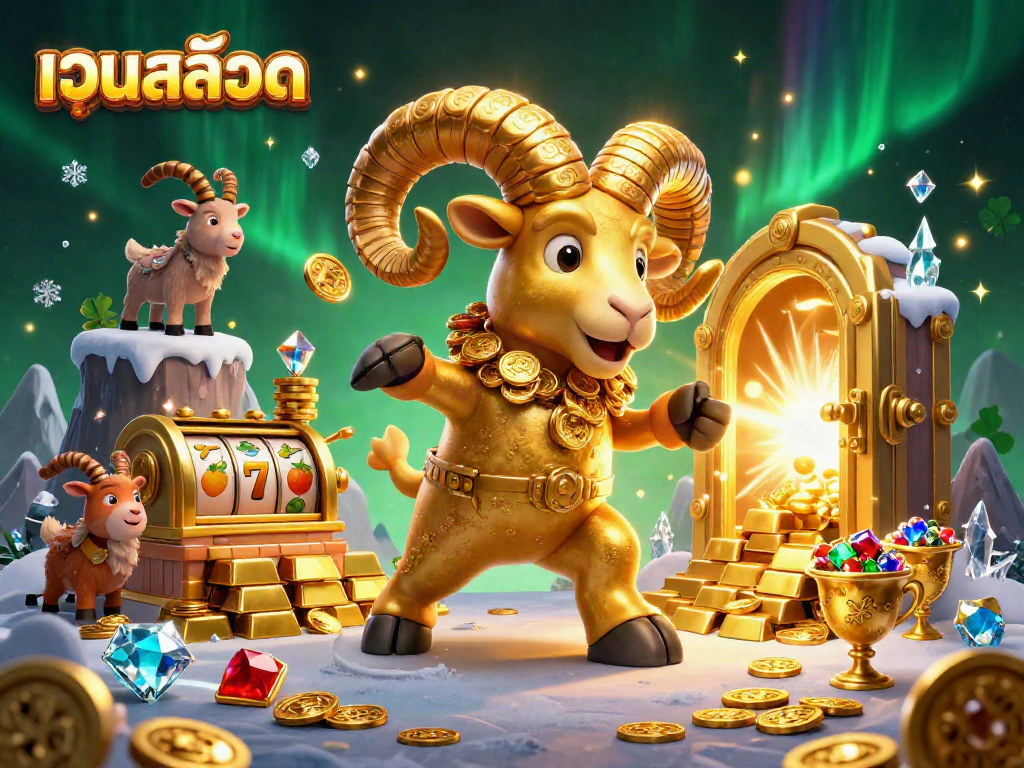 Spin and win with เว็บสล็อต as a golden ram charges through a treasure-filled casino scene.