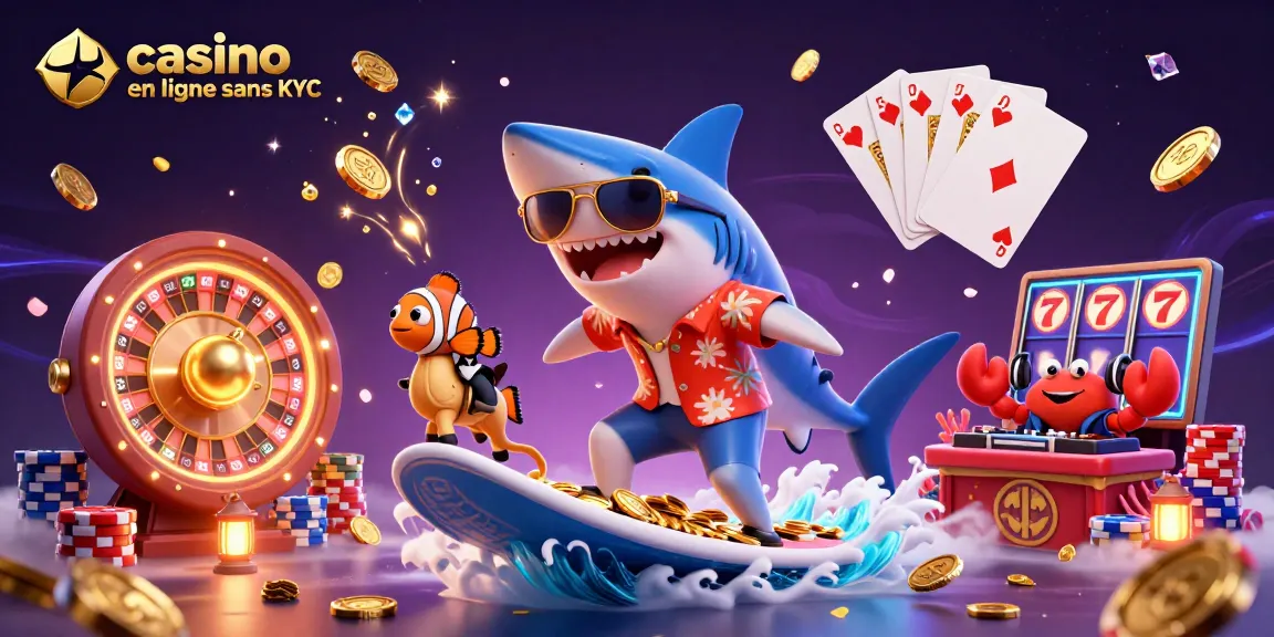 Plongez dans l'univers du casino en ligne sans KYC, avec un requin coloré et des éléments de jeu captivants.
