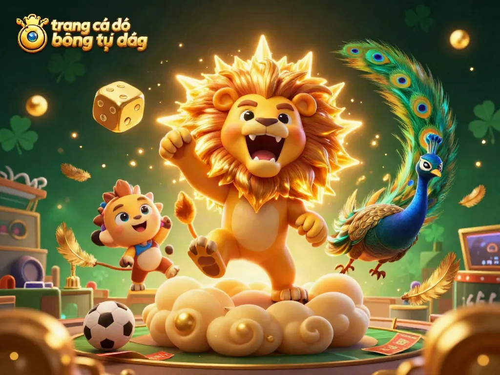 Trang cá độ bóng đá trực tiếp với sư tử mặt trời 3D và các yếu tố thể thao hấp dẫn.