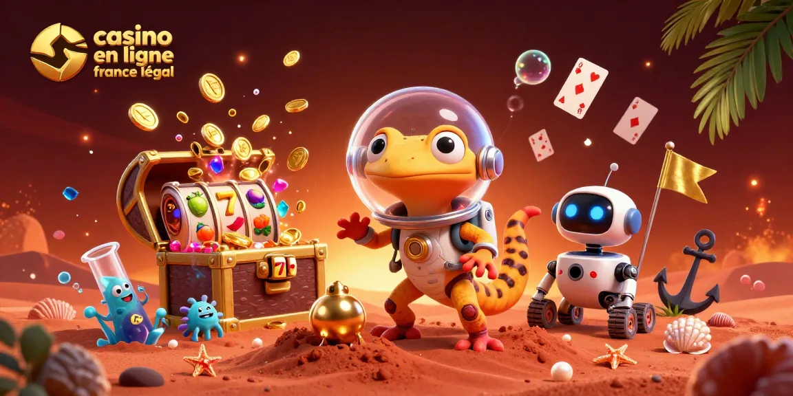 Découvrez un gecko martien et un robot à un casino en ligne France légal, rempli d'or et de symboles de jeu.