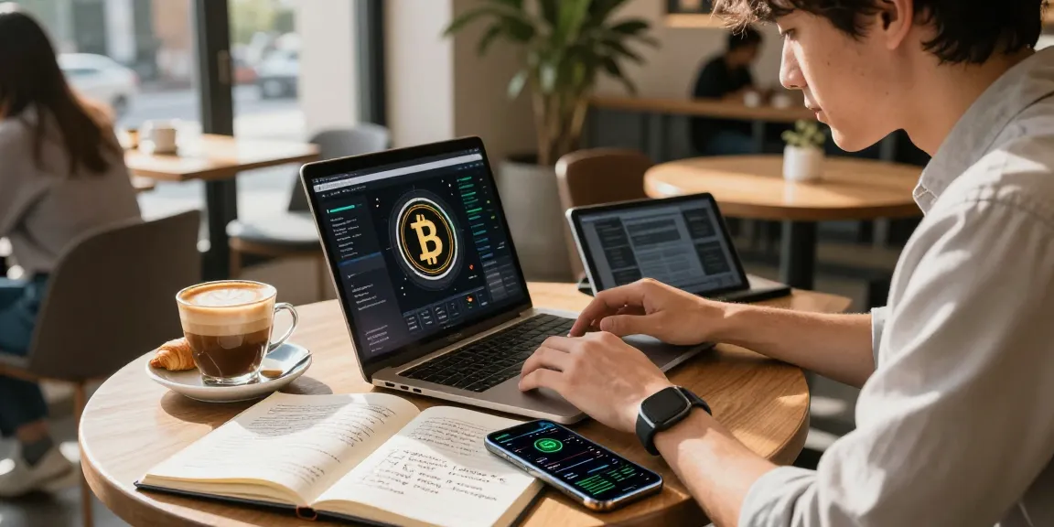 Beginner cloud mining platform exploration scene in a coffee shop with blockchain research elements, laptop, tablet, and notes.