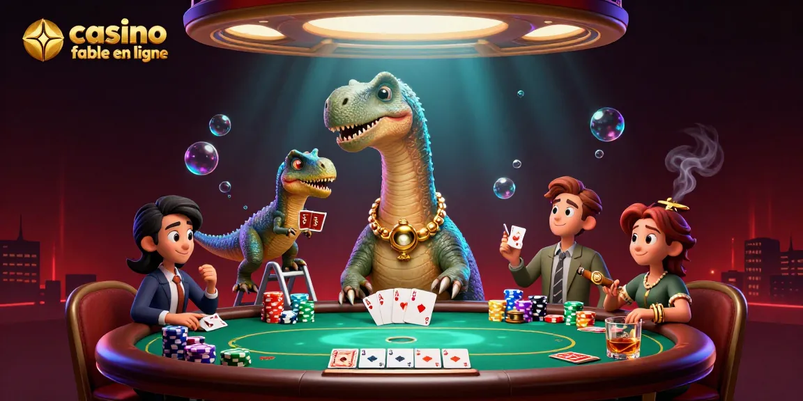 Visualisez le casino fiable en ligne où un diplodocus surveille un jeu de poker, ambiance immersive.