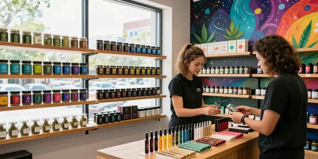 Alien Labs premium cannabis products on display in a vibrant dispensary.