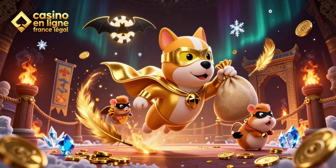 Illustration dynamique de casino en ligne France légal avec un chien super-héros et ses pièces d'or