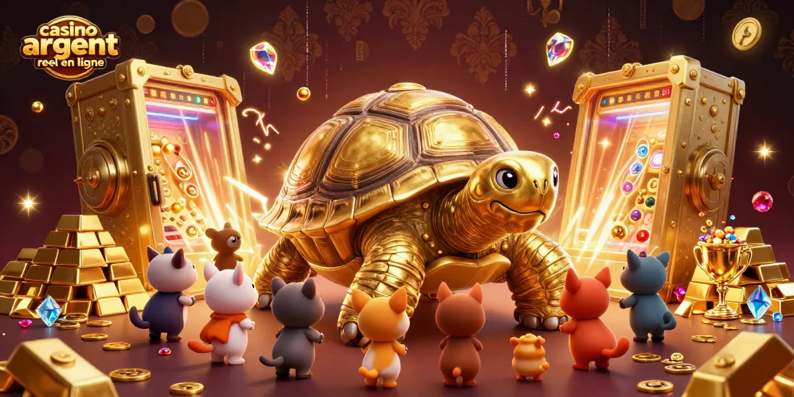 Jouez dans un casino argent réel en ligne avec une illustration captivante de la tortue dorée et des trésors brillants.