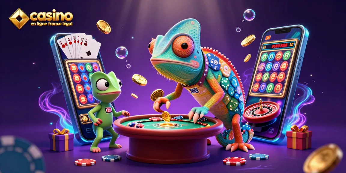 Plongez dans le monde du casino en ligne avec cette illustration captivante du caméléon, maître de casino, entouré de jeux et de gains.
