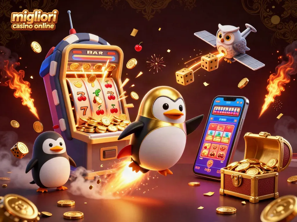 Scopri i migliori casino online con questa illustrazione 3D di un pinguino d'oro che esplora.