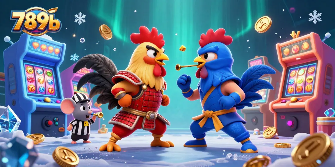 Experience the thrilling standoff of twin roosters in vibrant 789b casino-themed illustration.