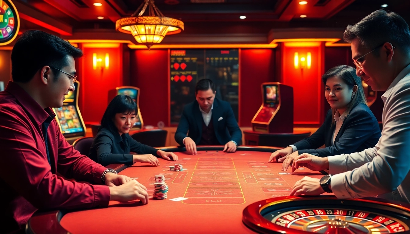 Players enjoying pg soft games at a luxurious casino table amidst vibrant gaming elements.