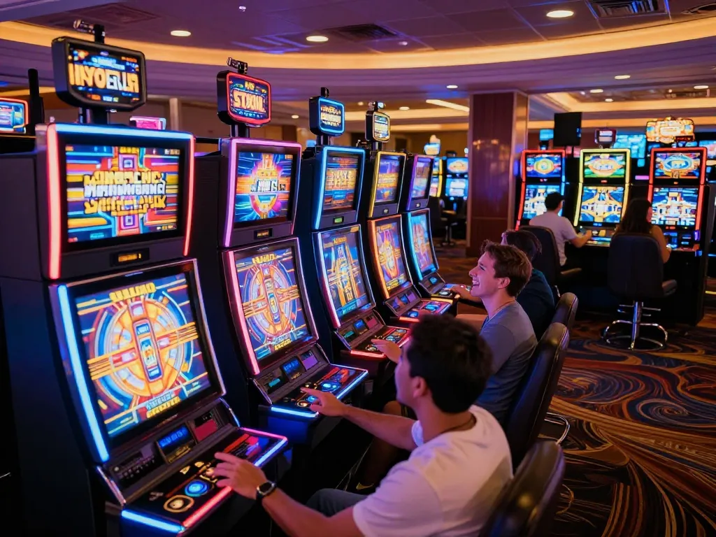 Enjoying the excitement of slot Thailand gaming with vibrant machines in action, players engaged in fun