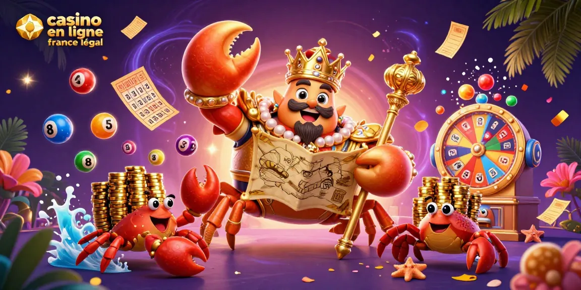Illustration dynamique de casino en ligne légal en France avec un crabe empereur et ses crabes serviteurs transportant des jetons d'or.