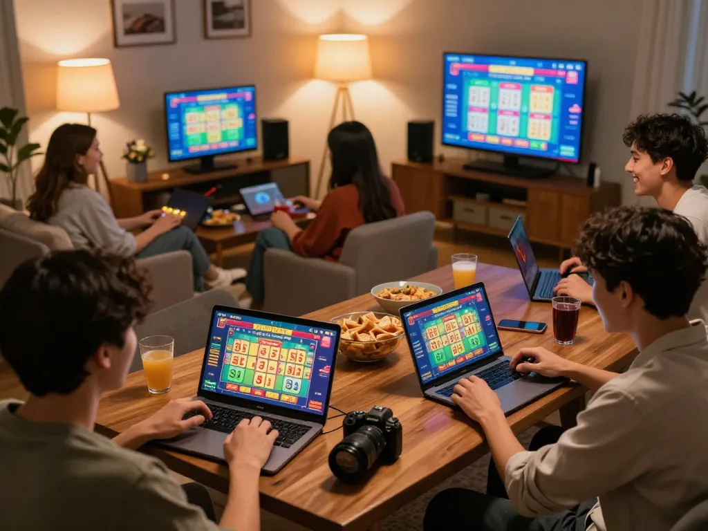 Friends playing online lottery on laptops in a cozy setting, showcasing henandchickensgh gaming dynamics.