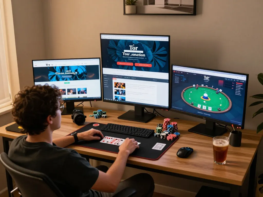 Person engaging in online gambling using hidden wiki tor links on multiple screens in a cozy setup.
