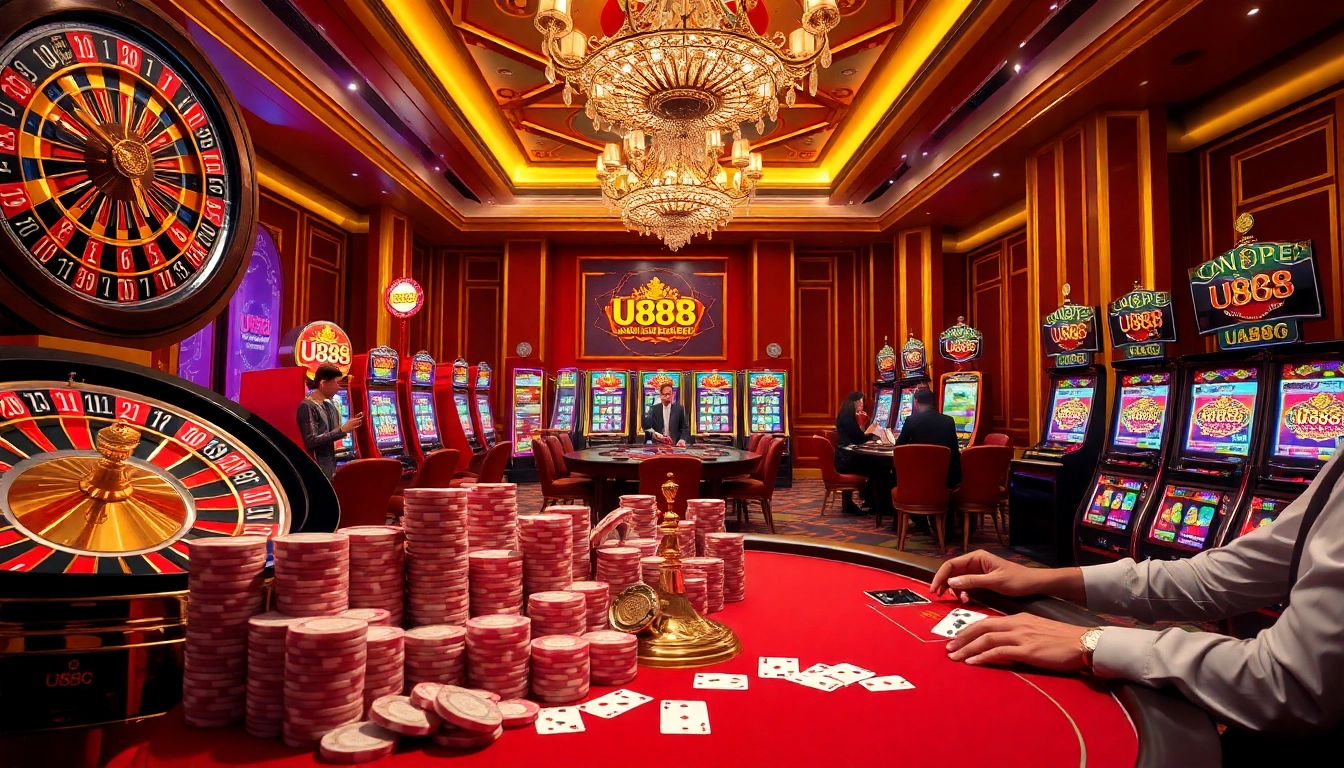 Engage in thrilling gambling action at U888 U88 casino with vibrant slot machines and poker games.