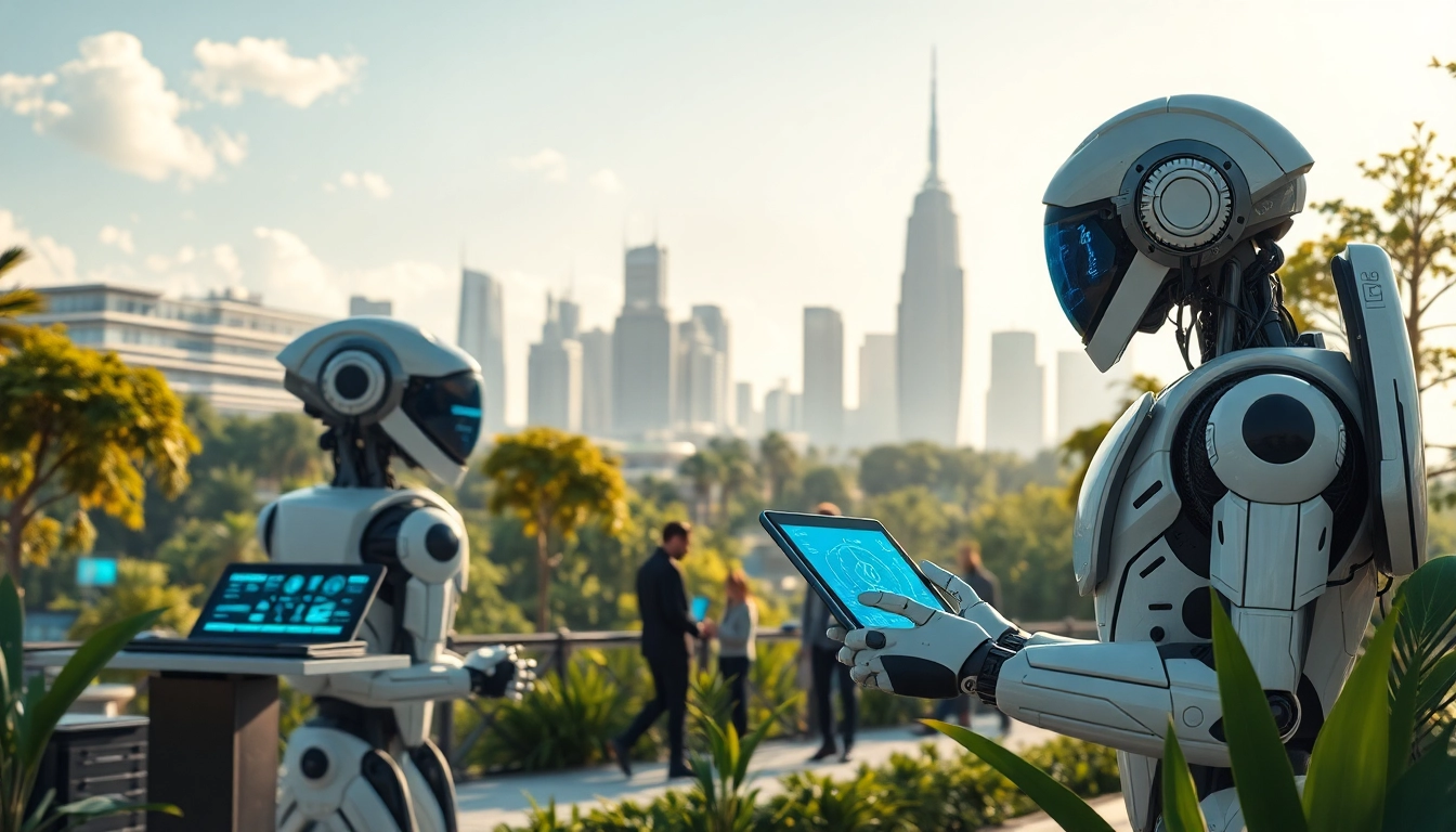 Technology showcased in a vibrant futuristic city with advanced robotics and digital interfaces.