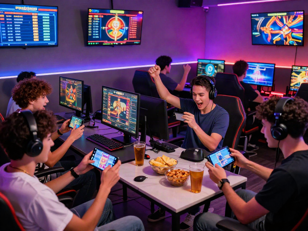 Engaged players in a vibrant gaming lounge experiencing rokok88 rtp slots with excitement and camaraderie.
