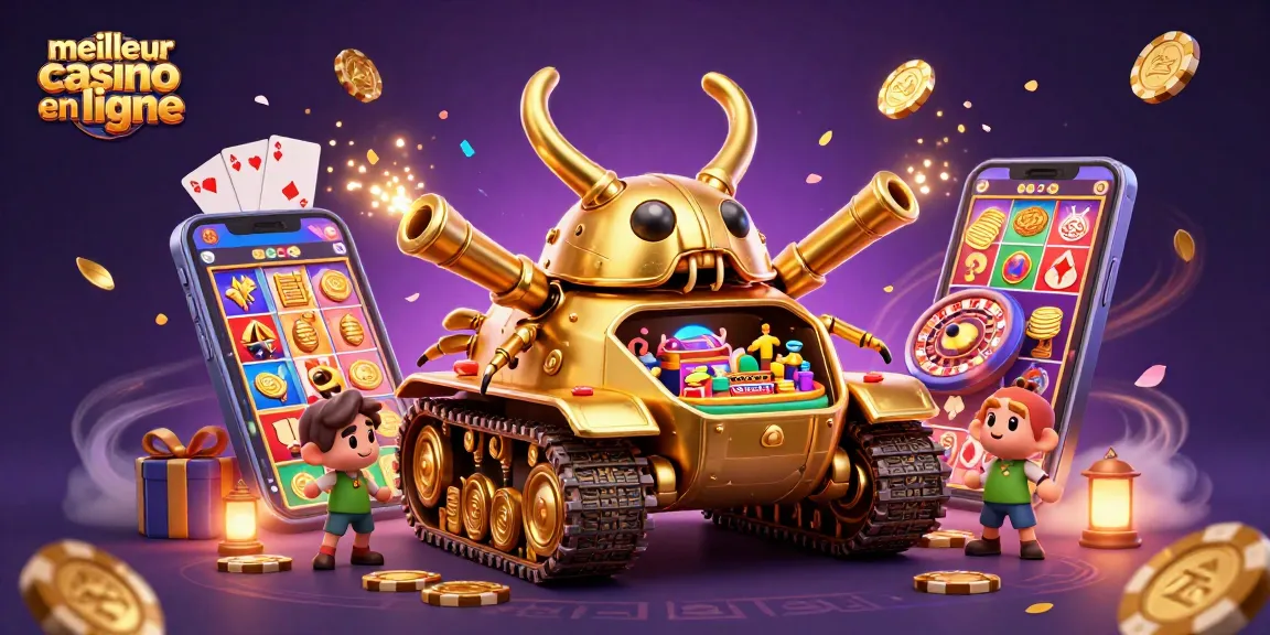 Illustration ludique d'un meilleur casino en ligne avec un tank en or et des jeux de casino.