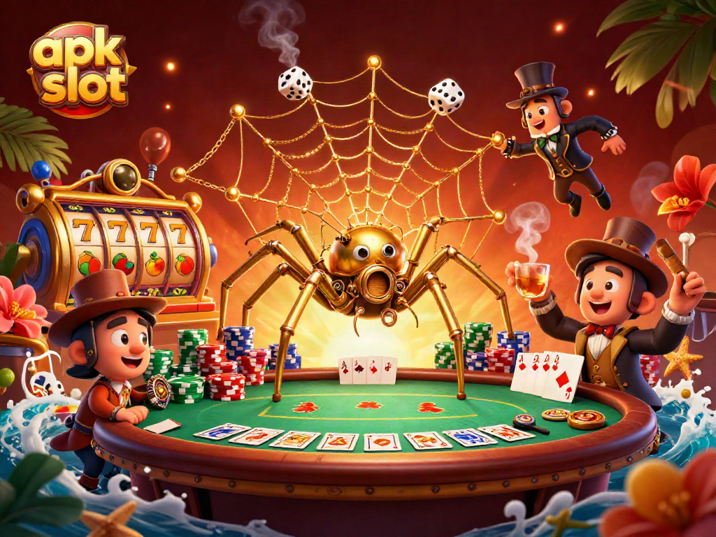 Engage in exciting apk slot games with vibrant visuals of a steampunk spider capturing dice.