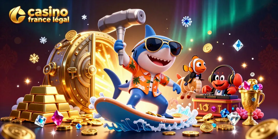 Illustration d'un casino en ligne France légal avec un requin marteau surfant sur des pièces d'or et un DJ écrevisse.