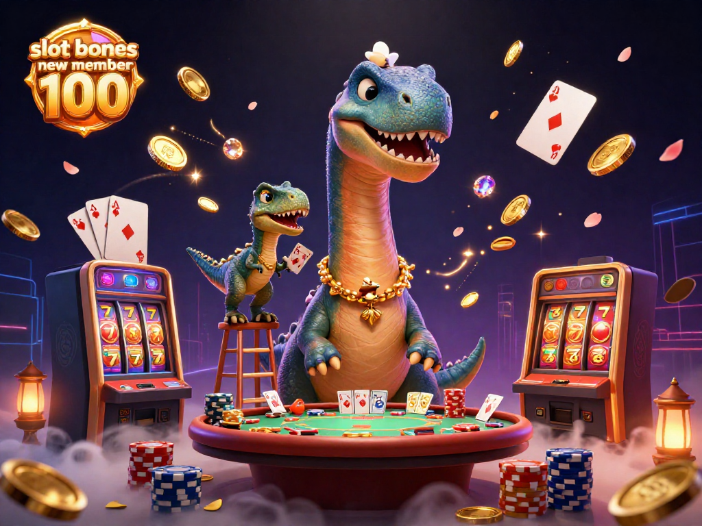 Experience the excitement of slot bonus new member 100 with vibrant dinosaurs and thrilling casino elements.