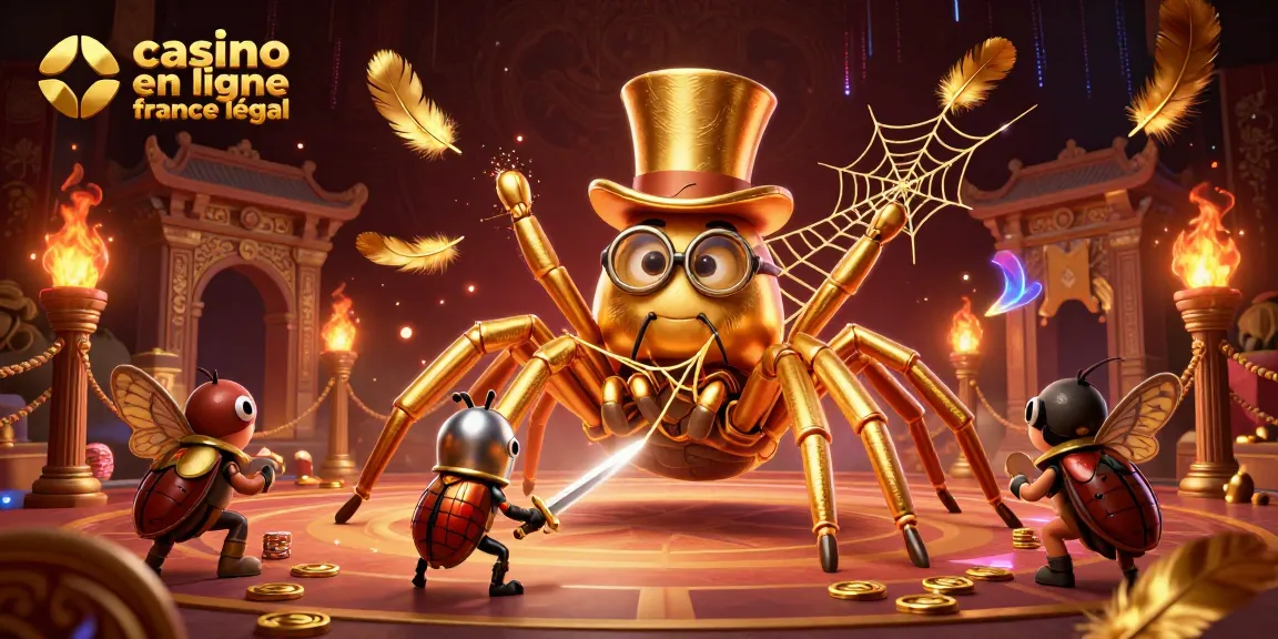 L’illustration 3D hyper-détaillée représentant un scénario de casino en ligne France légal, où une tarentule dorée et un chevalier scarabée s'affrontent dans une arène de jeu.