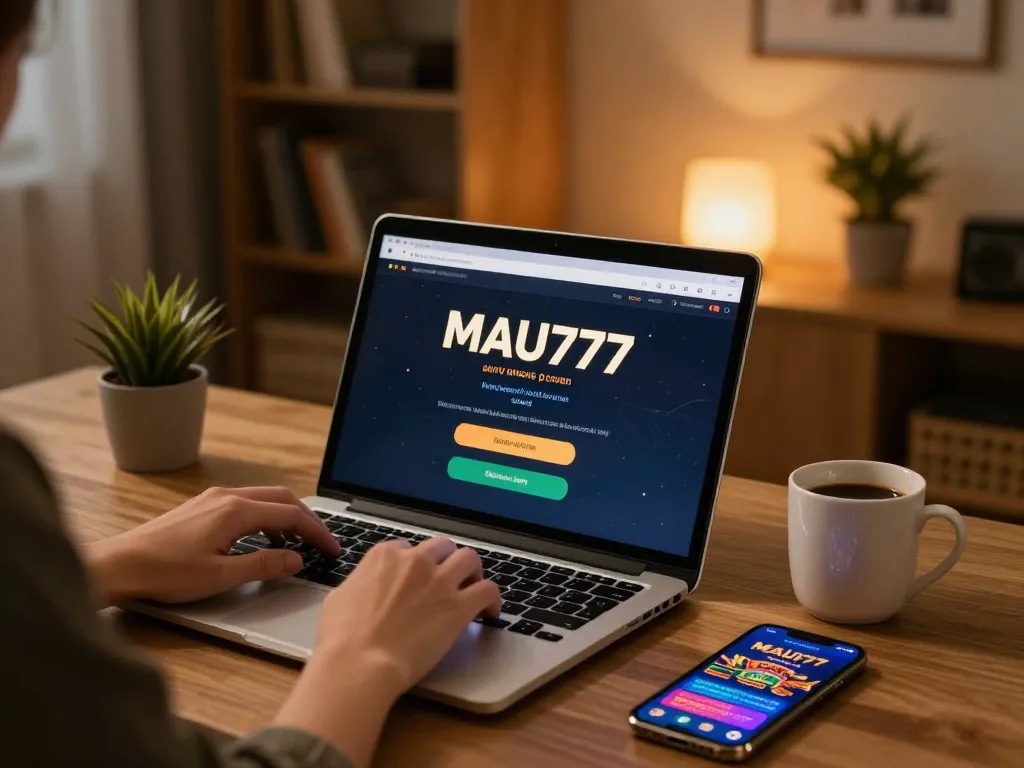 Terlibat dalam login MAU777 di laptop di setting rumah yang nyaman, mempromosikan perjudian online yang bertanggung jawab.