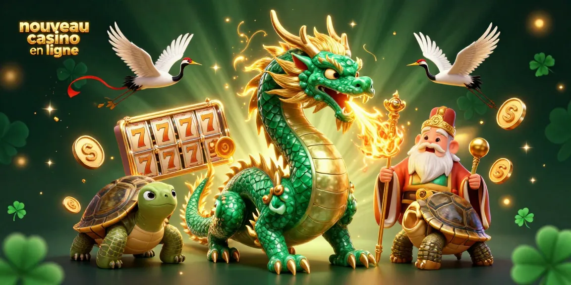 Jouer dans un nouveau casino en ligne où un dragon émeraude, une tortue sage et des grues chanceuses s'unissent avec des éléments de machine à sous.