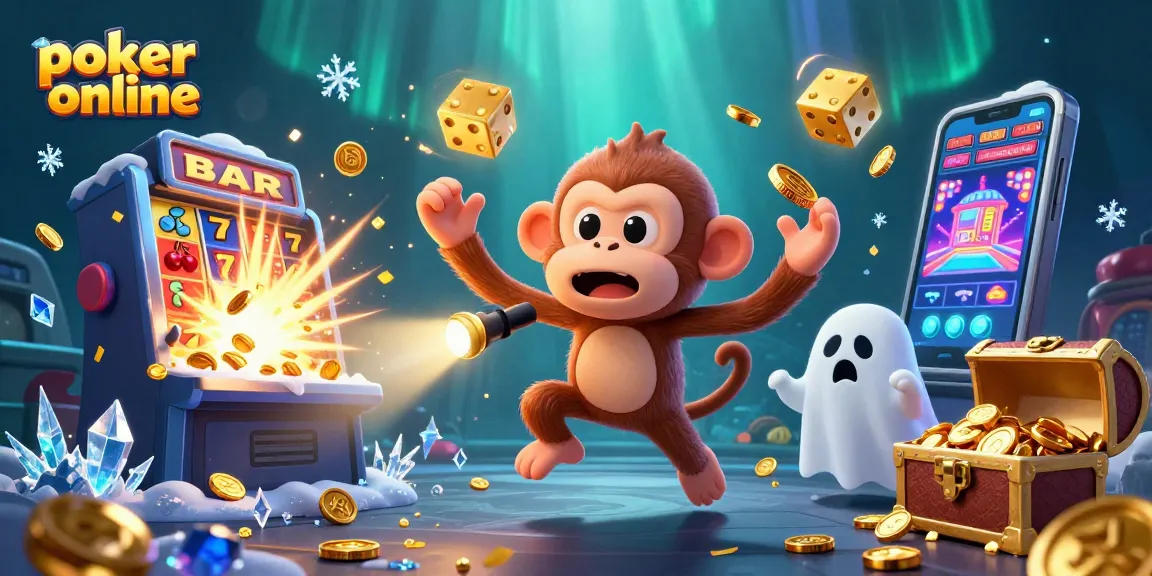 Jouez à poker online avec une illustration animée d'un singe fantôme jonglant avec des jetons et des cartes.