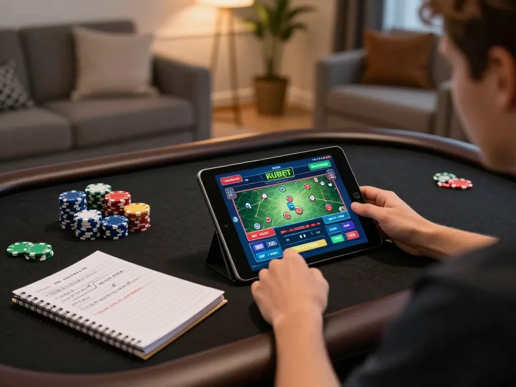 Engaging scene with kubet player strategizing online gambling from a cozy home setup.