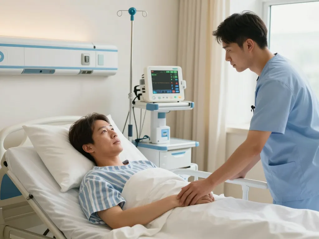 Patient in a giường bệnh nhân adjusted by healthcare professional in a hospital room.