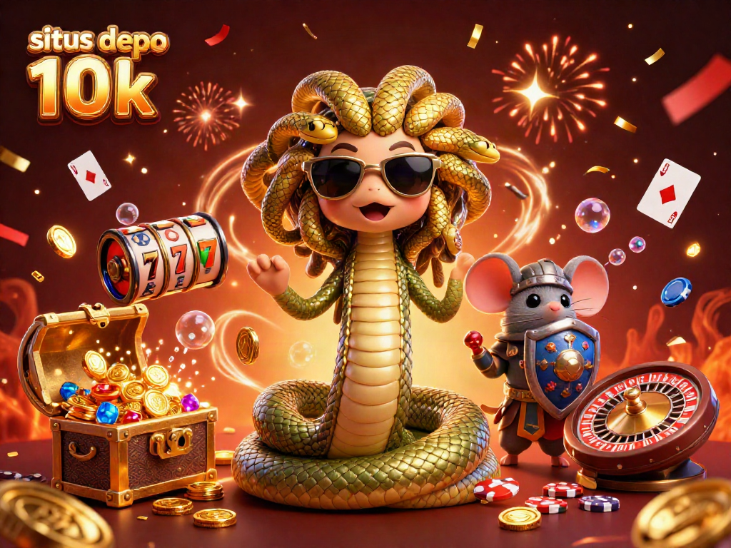 Situs depo 10k showcases playful casino characters among vibrant slot reels and fireworks.