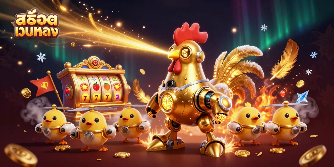 Watch the golden rooster robot and chick drones in action, showcasing สล็อตเว็บตรง on a dramatic backdrop.