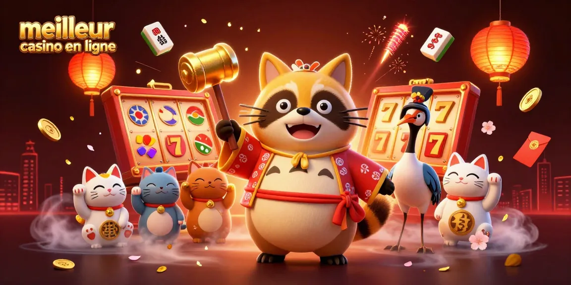 Illustration 3D d'un tanuki et chats maneki-neko célébrant dans un casino en ligne, montrant meilleur casino en ligne.