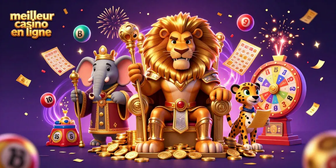 Découvrez le meilleur casino en ligne avec cette illustration festive de personnages de casino entourés de ballons colorés et de tickets.