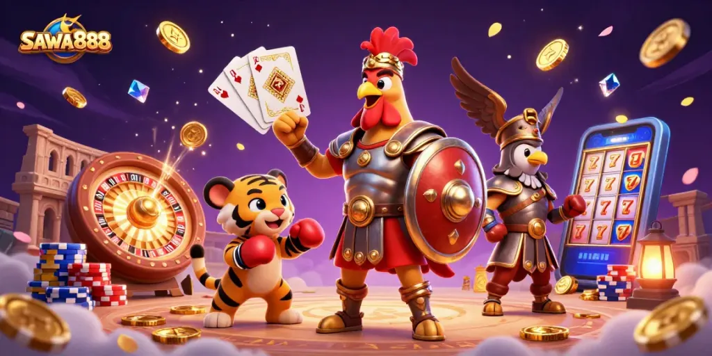 Place your bets at SAWA888 with vibrant casino themed illustration of a rooster, tiger cub, and eagle amidst game elements.