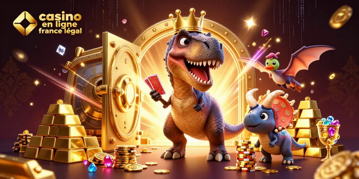 Jouez sur un casino en ligne légal en France entouré de dinosaures qui s'amusent avec des cartes et des jetons en or.