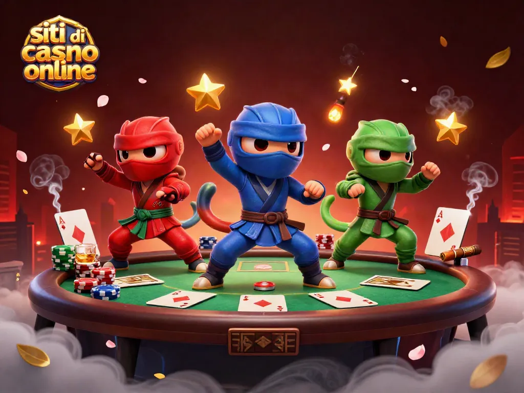 I siti di casino online offrono un'illustrazione vivace con ninja camaleonti in azione e elementi di gioco.