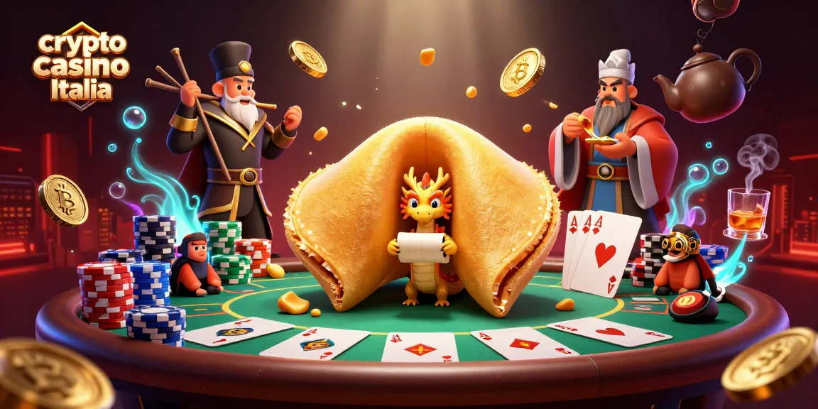 Unisciti ai giochi del crypto casino Italia con questa vivace illustrazione di un biscotto della fortuna e un drago saggio.
