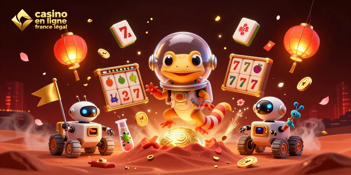 La scène dynamique montre un gecko martien découvrant un casino en ligne France légal, entouré d'éléments de jeu captivants.