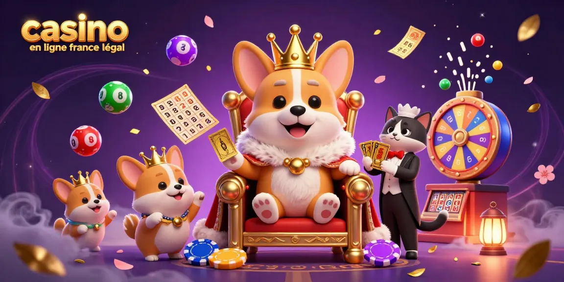 Illustration vibrante de casino en ligne France légal avec un corgi royal et des éléments de loterie.