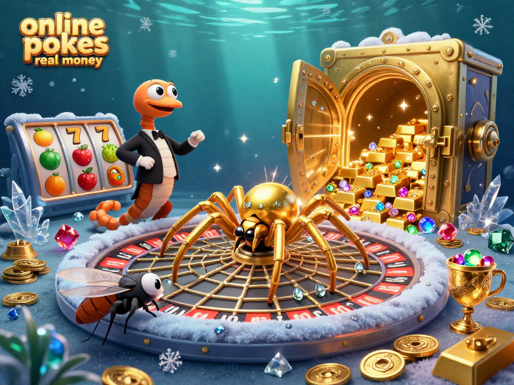 Place bets with online pokies real money in a vibrant 3D casino scene filled with treasure.