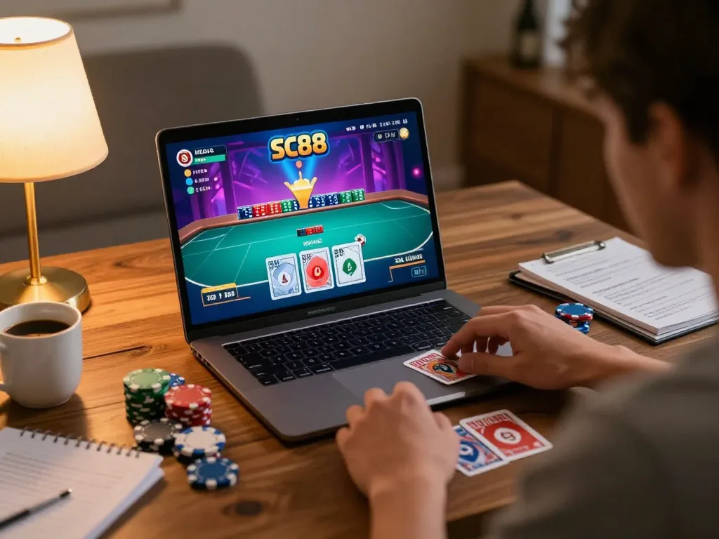Engaging in a thrilling online poker session at home while playing SC88, highlighting strategy and excitement with cozy ambiance.