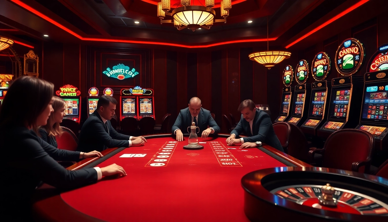 Scène passionnante de casino en ligne 2026 avec des joueurs de poker et des éléments de jeu luxueux.