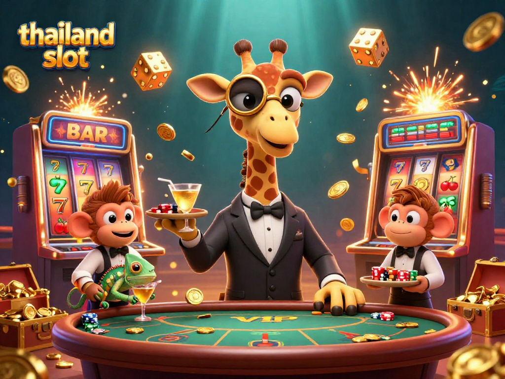 Spin thrilling thailand slot reels with a high-roller giraffe, monkey valet, and chameleon bartender