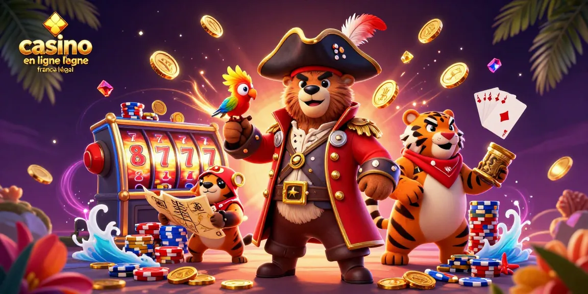 Visualisation d'un pirate ours et de ses compagnons, représentant casino en ligne france légal avec des éléments de jeux et d'argent.