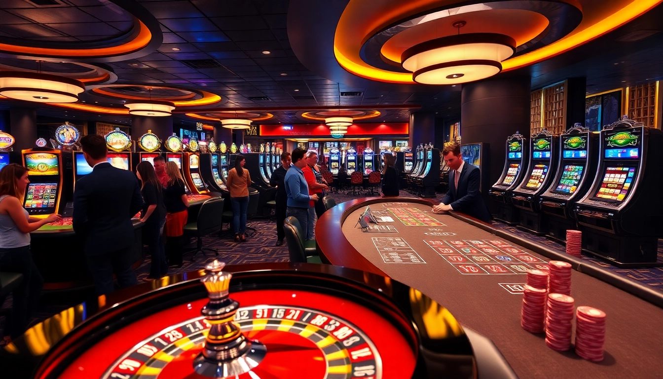 Players enjoying an exhilarating roulette game at MM 88 casino, surrounded by vibrant slot machines.